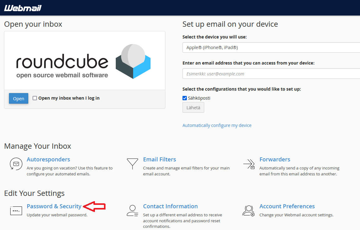 Webmailin Password & Security -asetukset