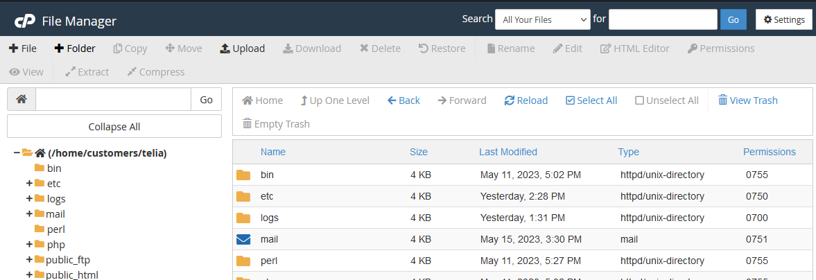 cPanel tiedostolistaus