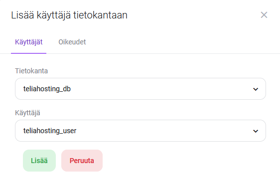 Käyttäjän yhdistäminen tietokantaan