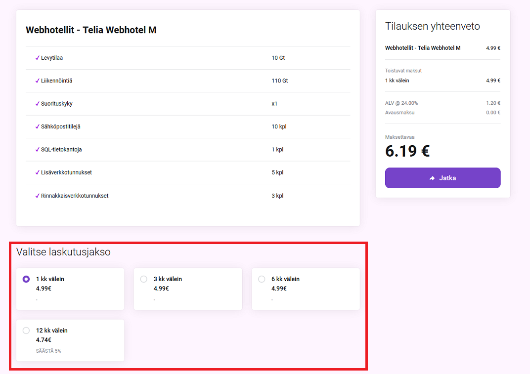 Tilauskauden valinta