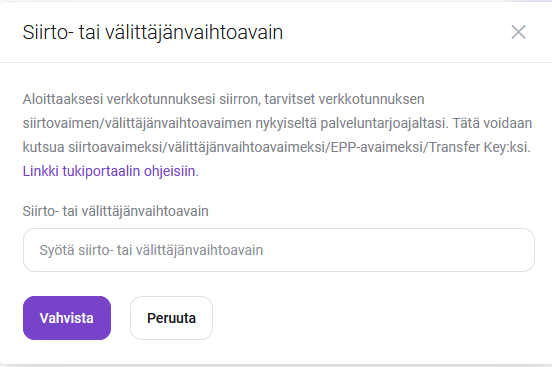 Verkkotunnuksen avaimen syöttäminen