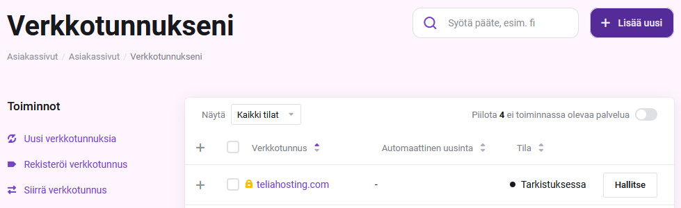 Siirrettävä verkkotunnus listassa