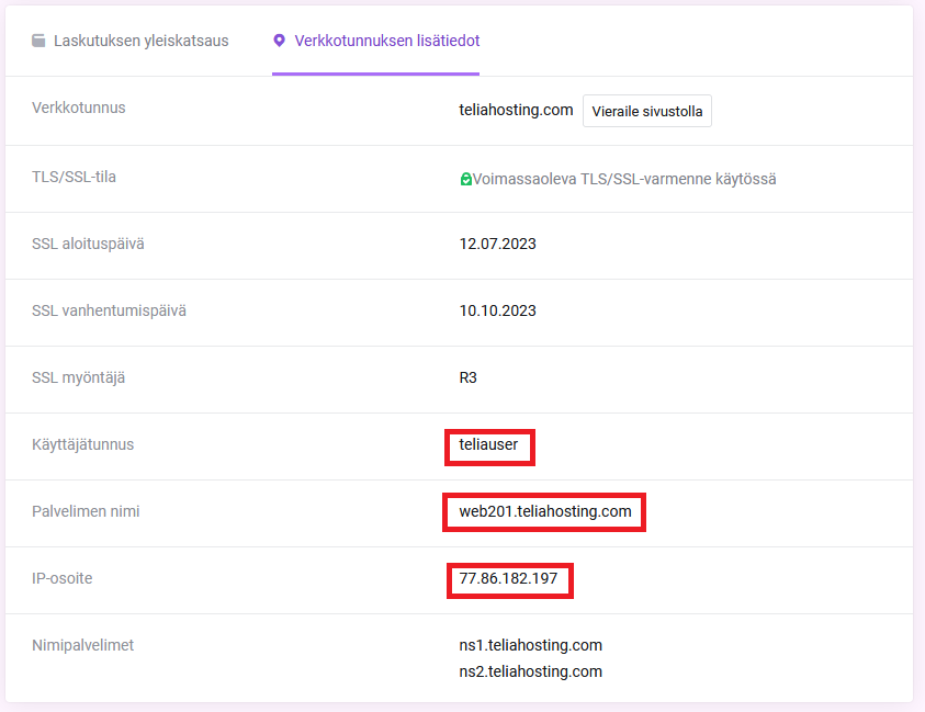 Webhotellin palvelinosoite