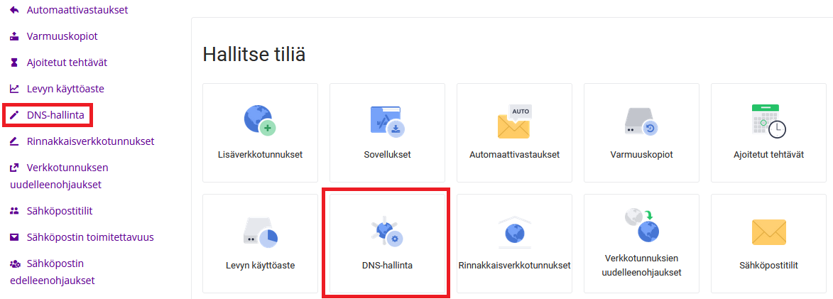 DNS-hallinta hallintapaneelissa